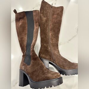 Steve Madden Brown Suede Knee-High Chunky Platform Heel Boots Lug Sole size 7